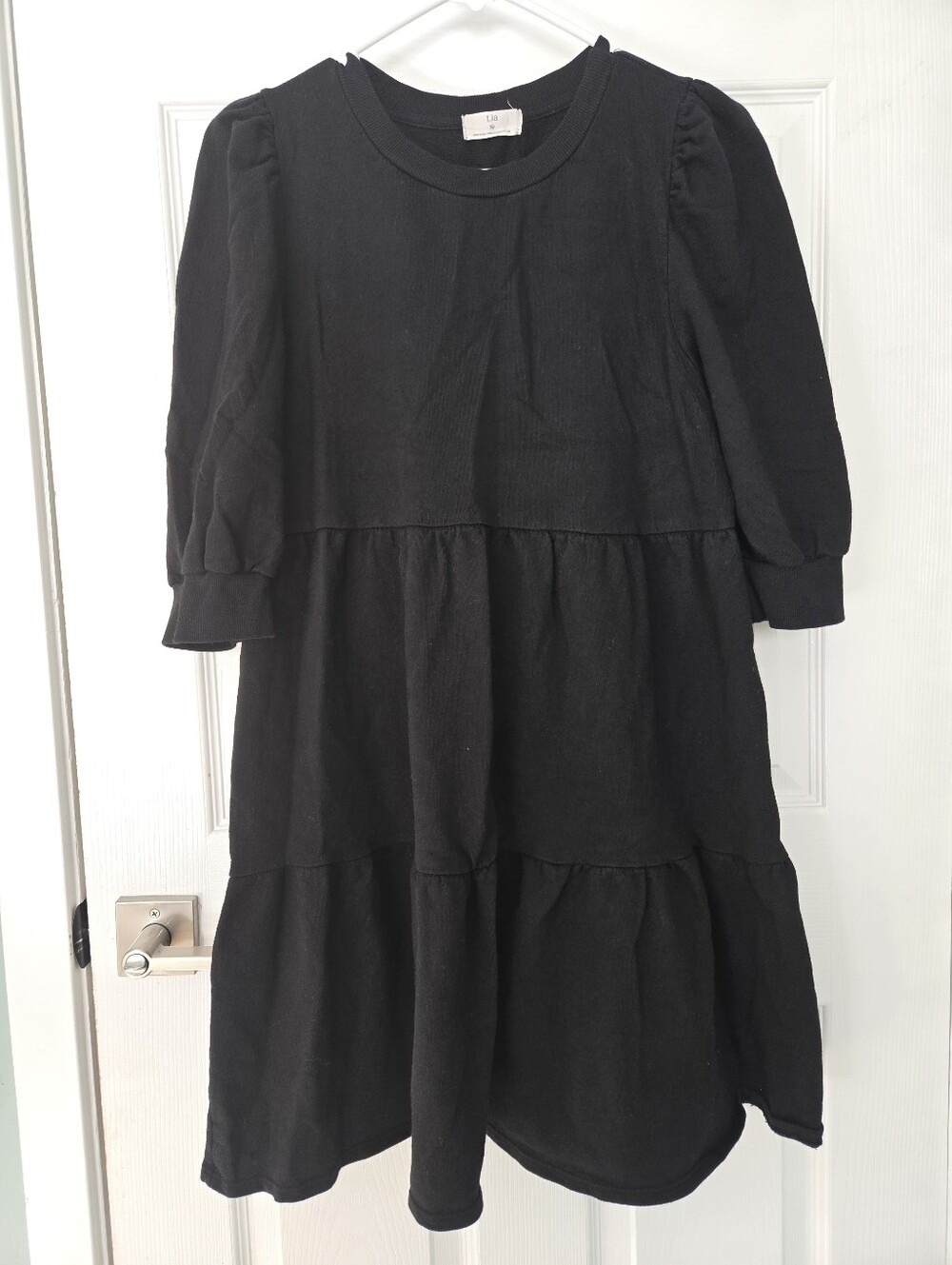 Anthropologie T.La Savannah Puff-Sleeve Tiered Knit Sweatshirt Dress Black M